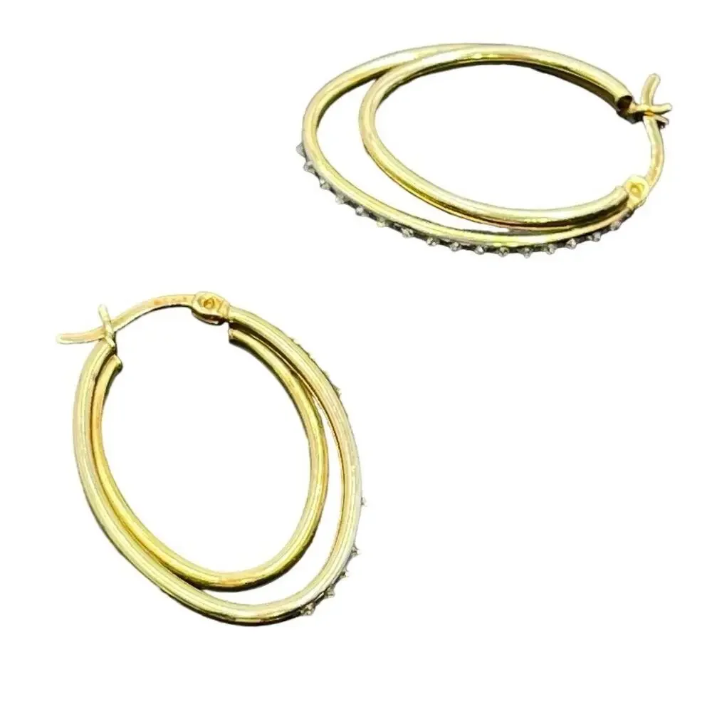 SLC Designer Sterling Silver Vermeil Pave Double‎ Hoop Pierced Earrings